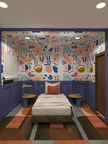 This bold kid's room concept uses a vibrant, abstract wallpaper that extends onto the ceiling, creating an immersive and imaginative cocoon. The deep blue wainscoting adds a touch of classic structure.