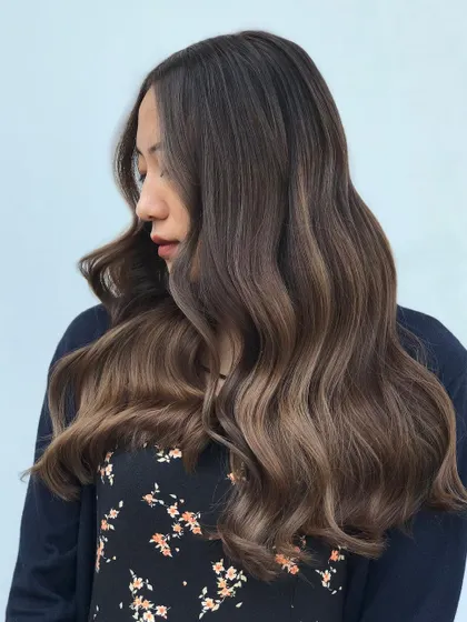 Another view of the signature French balayage, showing the soft, seamless blending and the healthy shine of the hair.