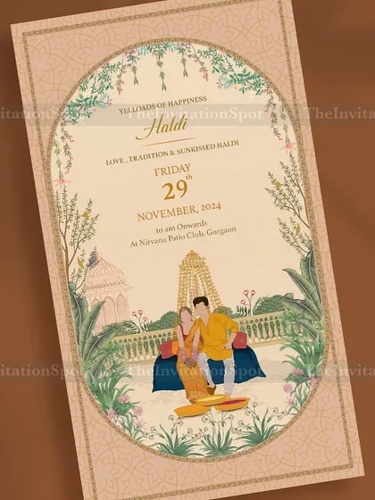 Unveil the magic of tradition with this beautiful Haldi e-invite. The design features a custom illustration of the couple in a serene, palace-like setting, framed by an elegant arch and lush greenery.