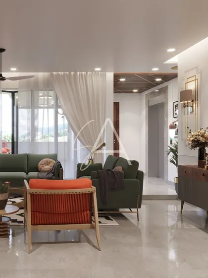 This living room blends contemporary comfort with touches of glamour. The olive green sofa adds a pop of color, while the gold-framed mirror and console table bring a sense of modern elegance.