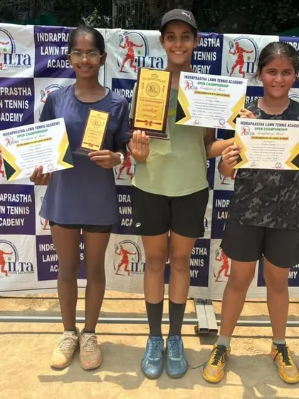 Our Under-12 girls displaying their awards from the ILTA Tennis Summer Cup. Ekisha from our academy secured third place in a competitive field of players from across North India.