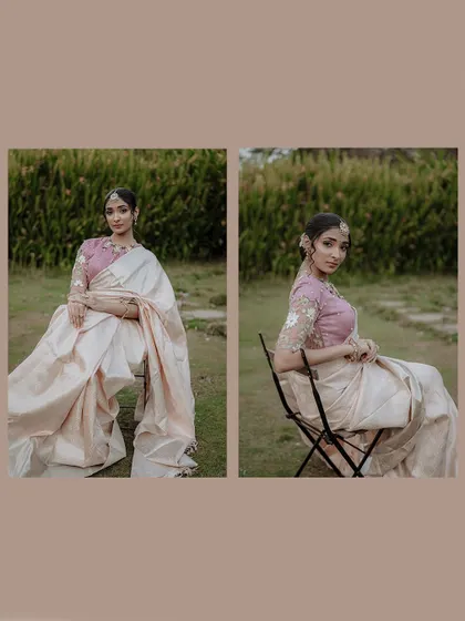 A diptych of a bride in a beautiful off-white and pink saree, posing elegantly in a garden setting.