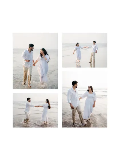 A four-photo collage showcasing different moments from a couple's beach pre-wedding shoot, including walking in the surf and dancing. This is a great way to summarize the story of the day.
