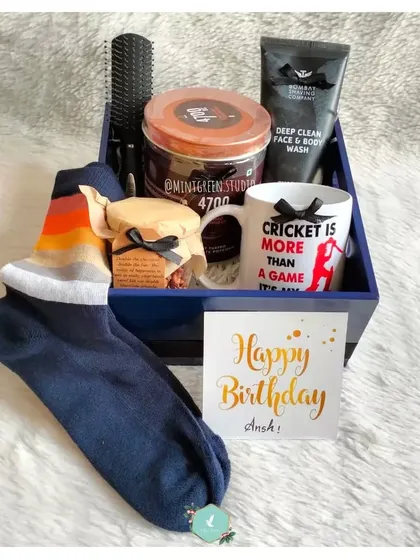 For the cricket lover's birthday. This hamper features a mug that says "Cricket is more than a game", along with grooming products and snacks, all curated around his passion.