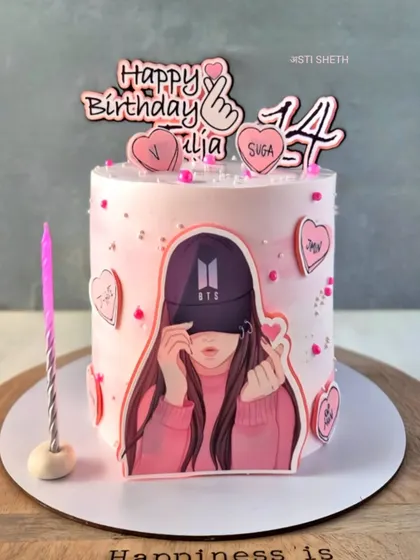 A trendy BTS-themed cake for a 14th birthday. This 1.5kg Fresh Strawberry Pineapple Vanilla cake is perfect for any K-pop fan.