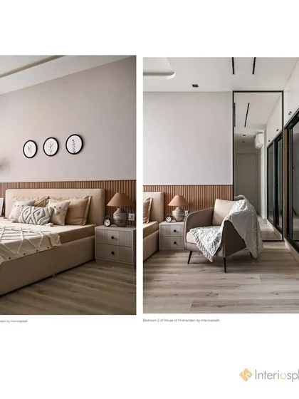 A serene bedroom design featured in Volume Zero Magazine. We used a calm, neutral palette, wood-panelled accents, and mirrored wardrobes to create a sense of space and tranquility.