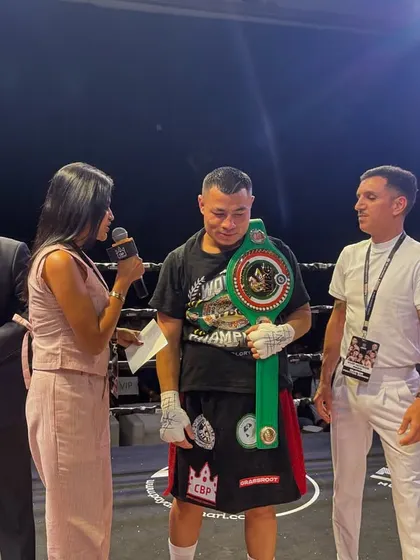 The new WBC India Champion being interviewed in the ring.