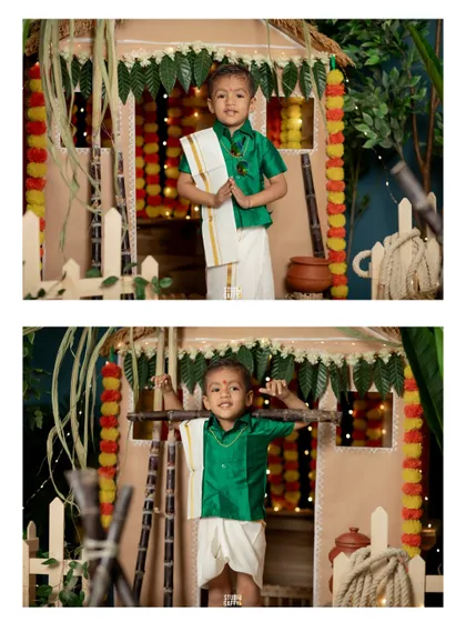 More poses of the little boy in the charming, rustic Pongal set.