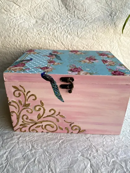 The front view of the finished peacock and rose themed bangle box, a perfect storage solution for traditional jewelry.