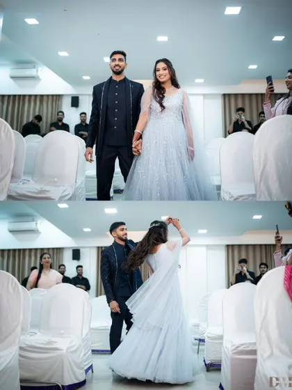 A collage showing the couple's grand entrance and a joyful twirl down the aisle at their engagement ceremony. It captures the energy and celebration of the moment.