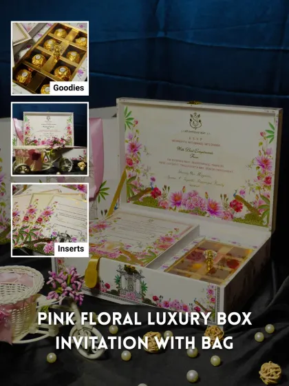 For a soft and romantic theme, I designed this pink floral luxury box with a matching bag. It’s perfect for including sweets or small gifts alongside your beautiful wedding inserts.