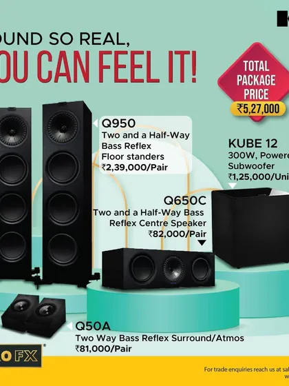 Sound so real, you can feel it. This KEF Q Series package includes Q950 floor-standers, a Q650c center speaker, Q50a Dolby Atmos surround speakers, and a KUBE 12 subwoofer. It's designed to unlock incredible detail and depth in your audio.