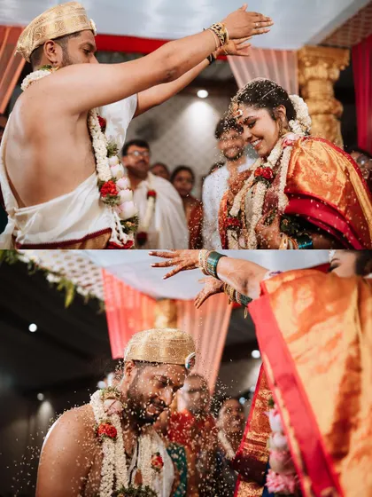 A collage of the Akshate ritual, where the bride and groom shower each other with sacred rice, symbolizing prosperity and happiness.
