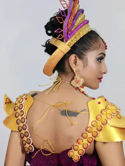 A back view of our fantasy warrior costume, showing the detailed shoulder armor and headpiece.