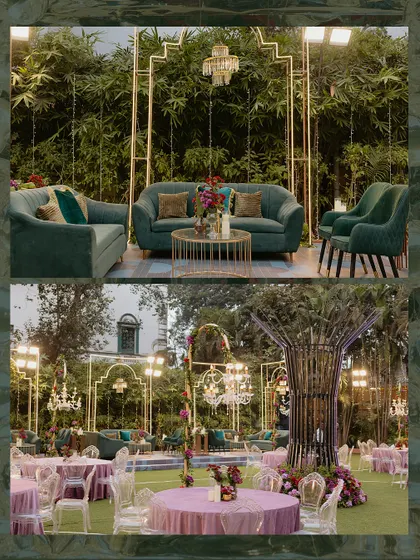 An elegant outdoor Sangeet lounge setup. The combination of green velvet sofas, gold-framed furniture, and soft lighting against a backdrop of natural bamboo creates a sophisticated and inviting atmosphere.