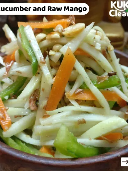 This cucumber and raw mango salad is the perfect tangy and crunchy salad for a hot day. The combination of flavors is incredibly refreshing and light.