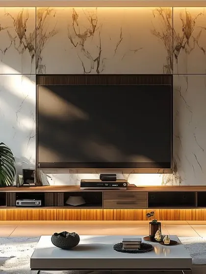 This TV unit design combines the richness of wood with the luxury of marble, featuring integrated shelving and ambient lighting for a sophisticated media wall.