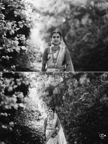 A black and white diptych of the bride posing in a lush, green pathway.