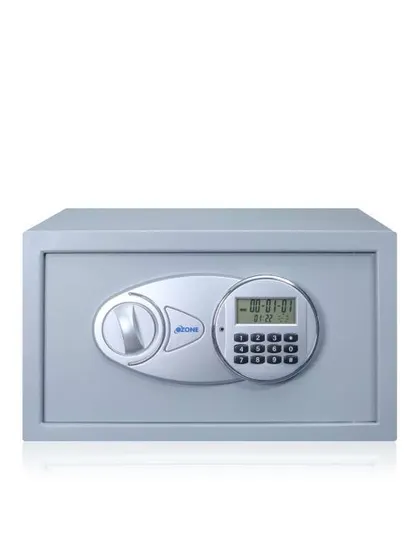 A frontal product shot of the Tusker-44 safe, displaying its LCD screen and digital keypad.