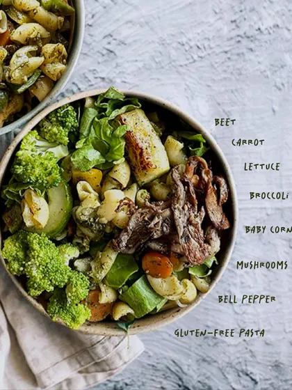 Here’s a closer look at what makes our pesto pasta salad so special. We use gluten-free pasta and load it with beet, carrot, lettuce, broccoli, baby corn, mushrooms, and bell pepper for a nutritious and flavorful meal.