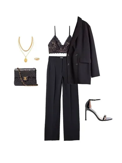 An all-black ensemble is always a good idea. Here, I've styled a lace bralette under a tailored blazer with wide-leg trousers for a sophisticated and alluring evening look.