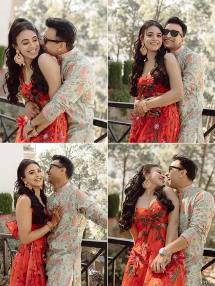 A collage of four affectionate and playful moments from a balcony overlooking the hills in Mussoorie.