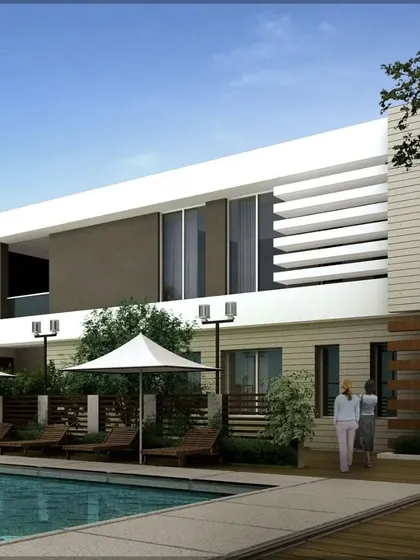 A 3D visualization of a residential building with a poolside view. The design features clean white facades, wood-paneled accents, and ample outdoor lounging space for a resort-like living experience.
