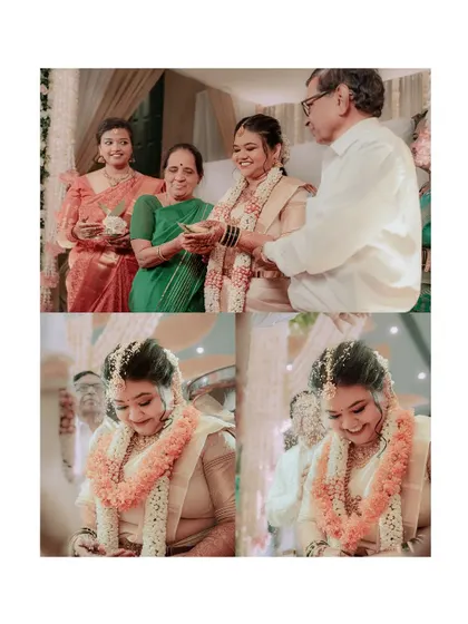 A collage of happy moments from the wedding ceremony, showing the bride interacting with her family. These images are filled with smiles and love.