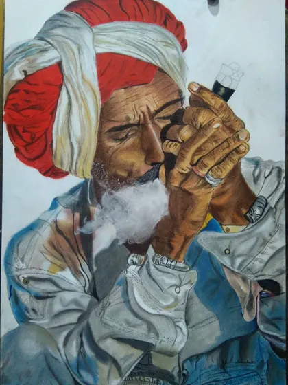 Another progress shot of the soft pastel portrait. The smoke was one of the last elements I added, using soft blending to give it a wispy, ethereal quality.