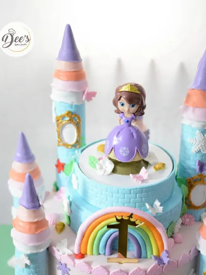 Another detail shot, focusing on the top of the castle with its colorful turrets and the main princess looking over her kingdom.