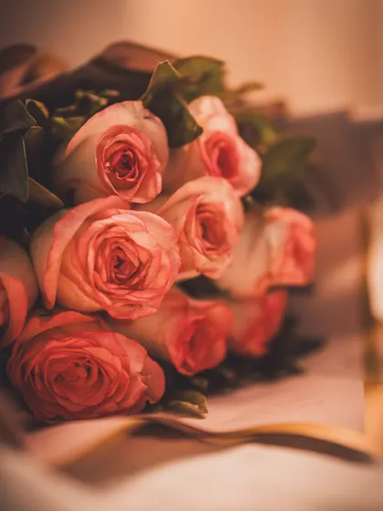 A close-up of the bouquet of pink roses, adding to the romantic and soft aesthetic of the Valentine's Day shoot.