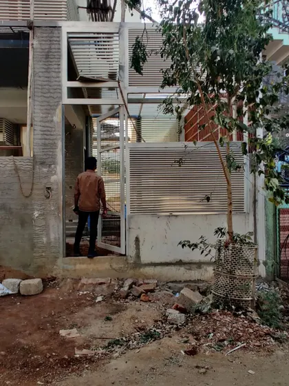 The entrance area of the contemporary home under construction.