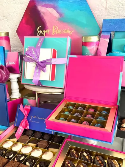 I believe presentation is just as important as the treats inside. My Diwali collection features vibrant, beautiful packaging filled with scrumptious goodies like shortbread cookies, almond toffee bark, and chocolate truffles.