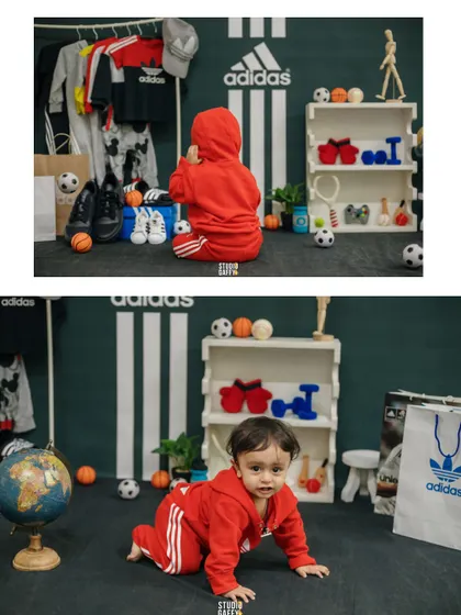 A collage showing the little one exploring the Adidas-themed set from all angles.