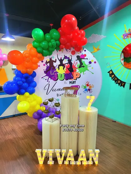 The full setup for the "Jump & Play" 7th birthday party.