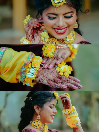 A collage of close up shots, highlighting the bride's happy smile, her mehndi, and the intricate details of her floral jewelry.