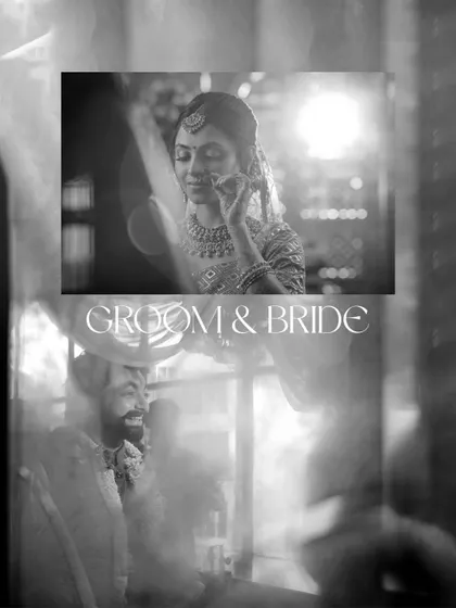 A moody and artistic black and white collage that layers portraits of the bride and groom, creating a sense of depth and emotion.