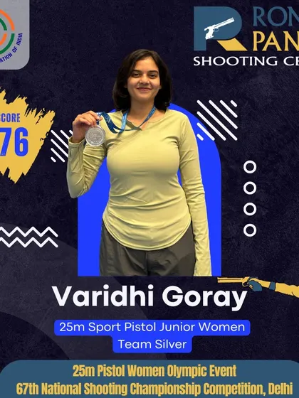 Kudos to Varidhi Goray for securing a Team Silver Medal in the 25m Sport Pistol Junior Women event at the 67th National Shooting Championship with an outstanding score of 576.