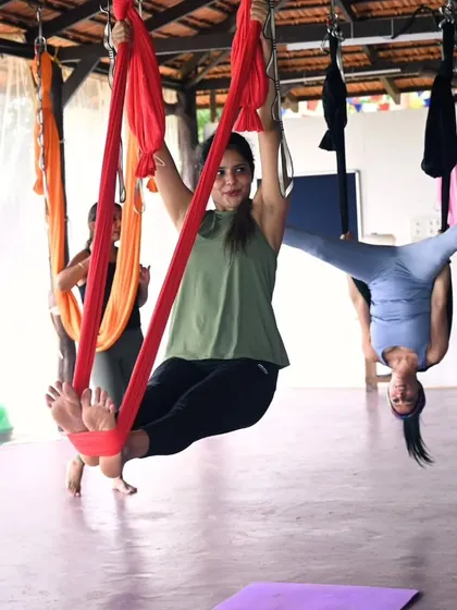 A wonderful moment from an aerial yoga session at our last retreat. It's amazing to see students find their wings and enjoy the freedom of flight.