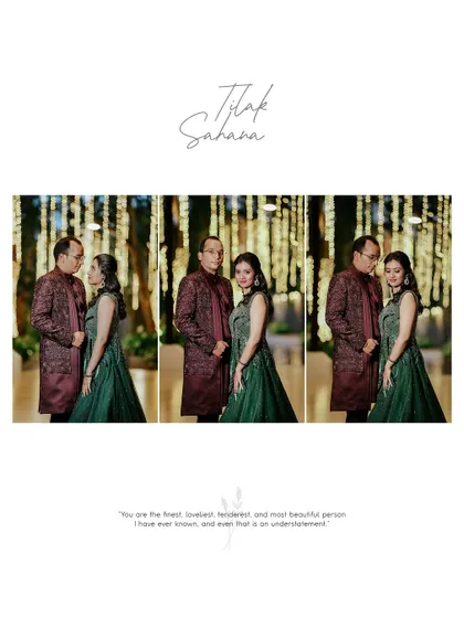 A triptych album layout of the couple's reception portraits, with their names and a romantic quote.