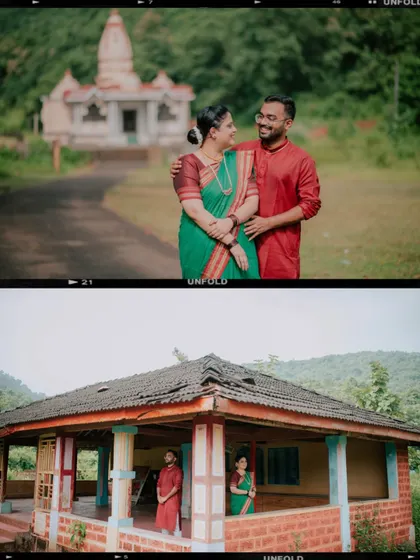 A collage showing a couple's portraits at a traditional village house and a nearby temple.
