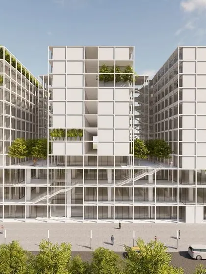 This is our design for a mixed-use project combining co-working, co-living, and retail for a tech campus in Bangalore. The modular design features green terraces and sky gardens, creating a complete neighborhood where young employees can live, work, and socialize.