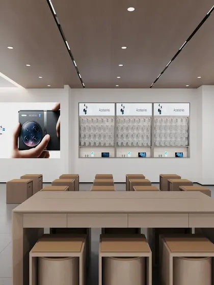 A 3D render of a retail store we designed in Hyderabad. This shows the experience area, with a large central table and seating, designed for workshops or product demonstrations.