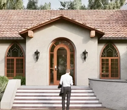 Another view of the entrance render for "The Abbey House," highlighting the blend of traditional forms with a clean, modern finish.