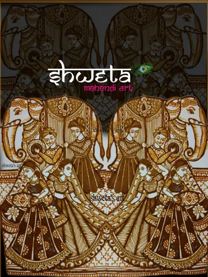 A detailed baraat theme design, mirrored to create a stunning symmetrical look. This style of figurative work is a specialty that I teach in my advanced classes.