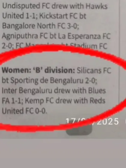 Newspaper clipping showing the results from the Women's 'B' division, including our 1-1 draw with Inter Bengaluru.