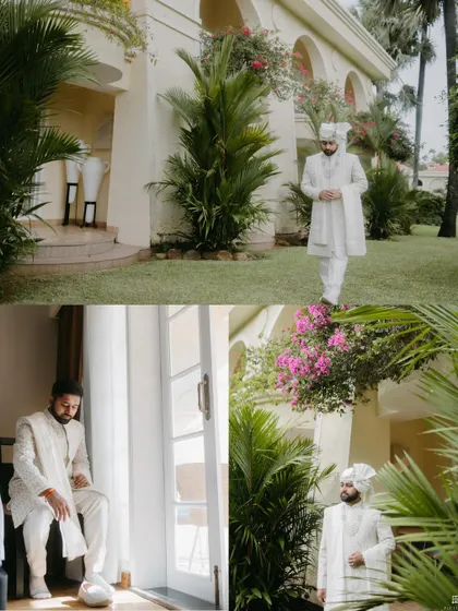 A series of portraits of the groom in an all-white, intricately embroidered sherwani, getting ready indoors and posing in a lush garden.