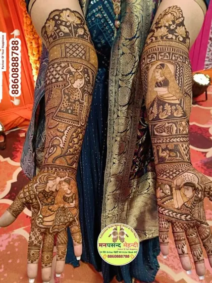 A multi-figure bridal mehndi showing various wedding ceremonies and portraits. This design tells a comprehensive story of the wedding journey on the bride's arms.
