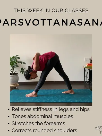 This is Parsvottanasana, or Intense Side Stretch Pose. It is excellent for relieving stiffness in the legs and hips, toning the abdominal organs, and correcting rounded shoulders by stretching the chest and forearms.