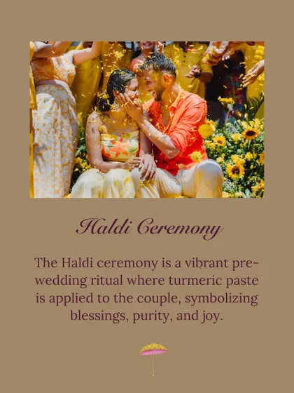 An informational graphic explaining the Haldi ceremony, a pre-wedding ritual symbolizing blessings, purity, and joy. This helps guests understand the cultural significance.